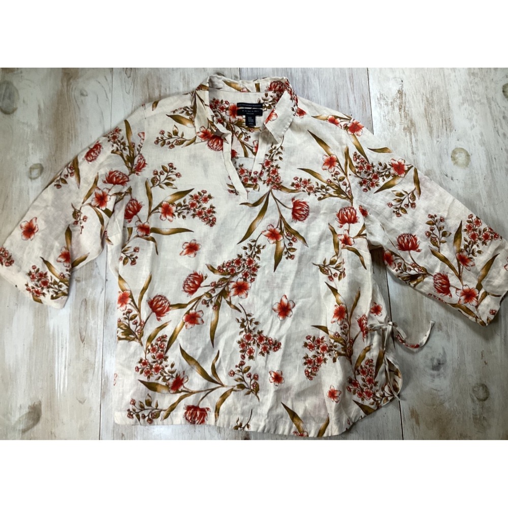 Tahari 3X Linen Floral Print V Neck 3/4 Sleeve Tie Side Blouse Top